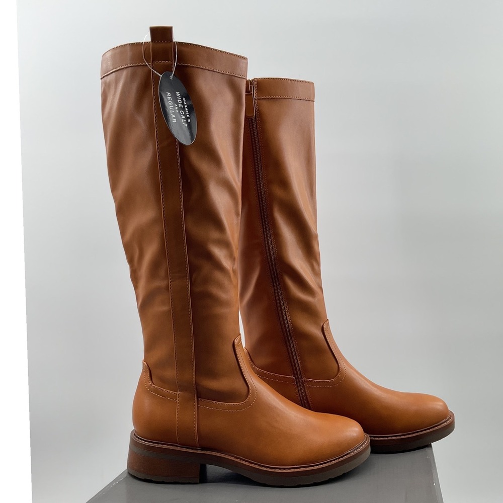 Style & Co Womens Cognac Brown Tall Riding Boots Side Zip Round Toe Regular Calf
